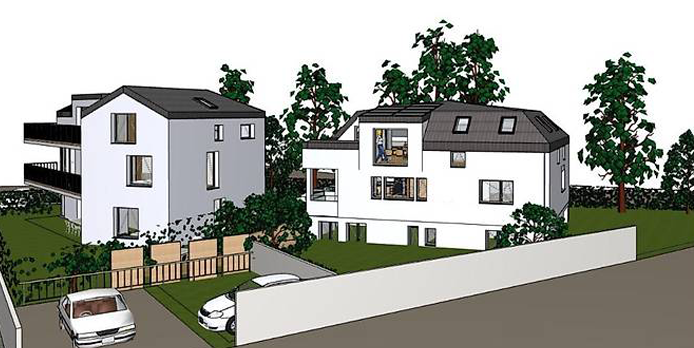 Terrain avec permis de construire pour deux immeubles comprenant un total de 6 appartements.